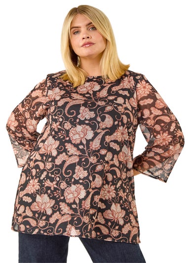 Roman Beige Curve Print Mesh Tunic Top