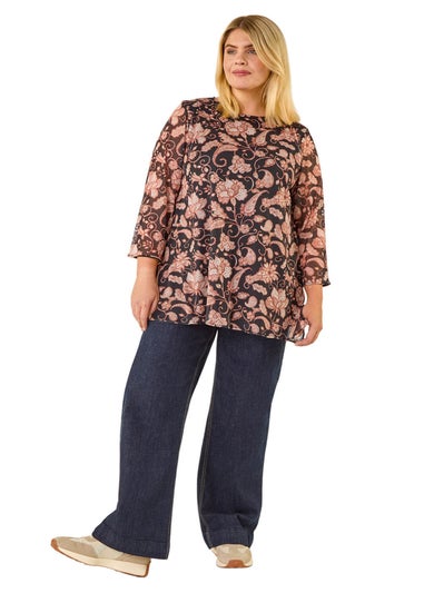 Roman Beige Curve Print Mesh Tunic Top