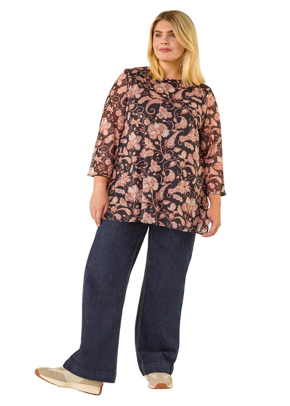 Roman Beige Curve Print Mesh Tunic Top