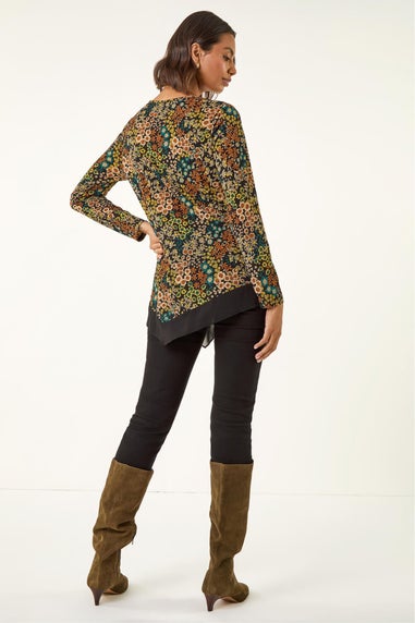 Roman Teal Ditsy Floral Print Tunic Top