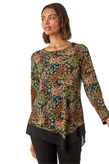Roman Teal Ditsy Floral Print Tunic Top