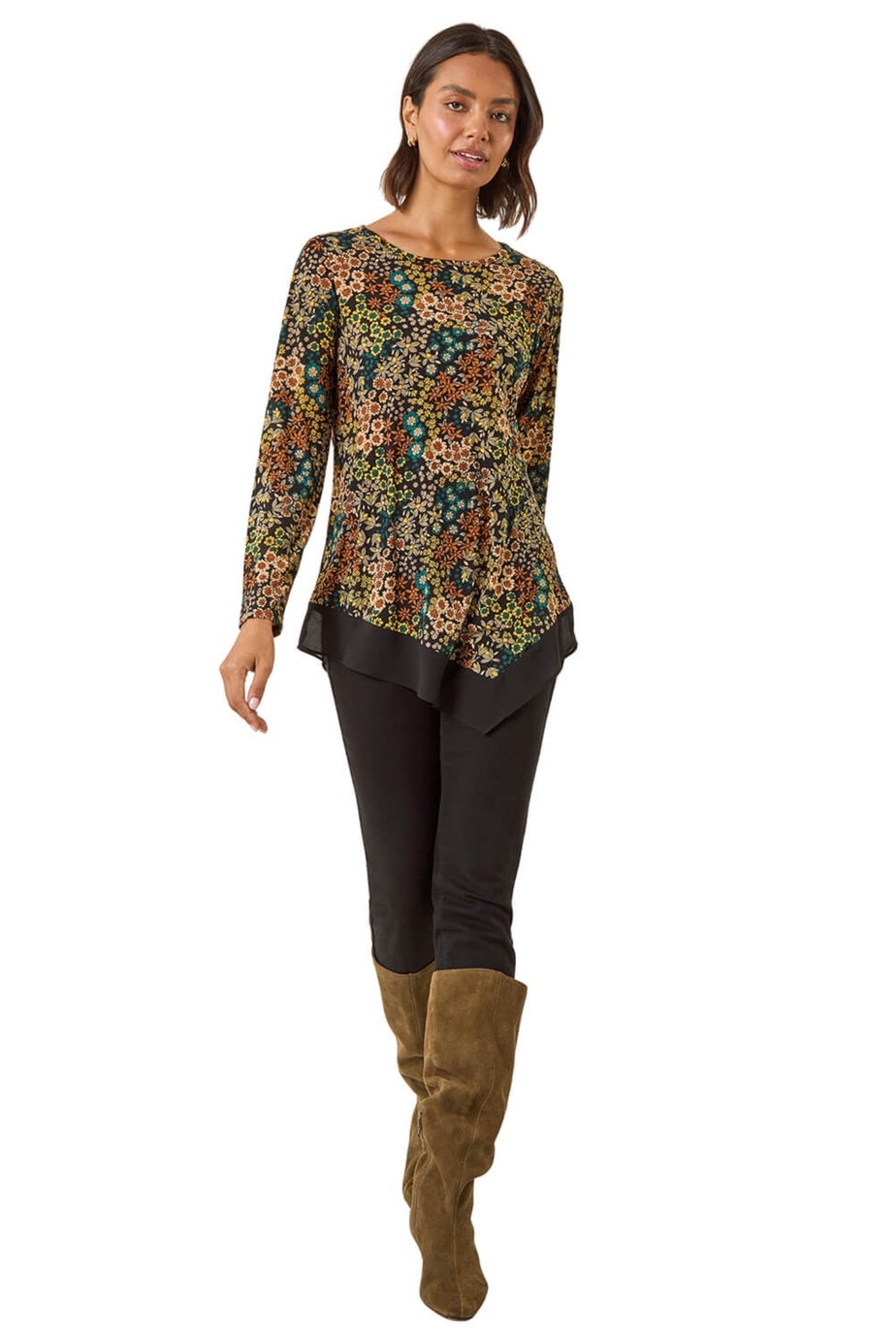 Roman Teal Ditsy Floral Print Tunic Top