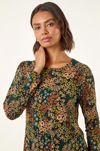 Roman Teal Ditsy Floral Print Tunic Top