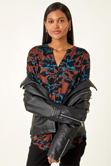 Roman Brown Floral Print V-Neck Stretch Top