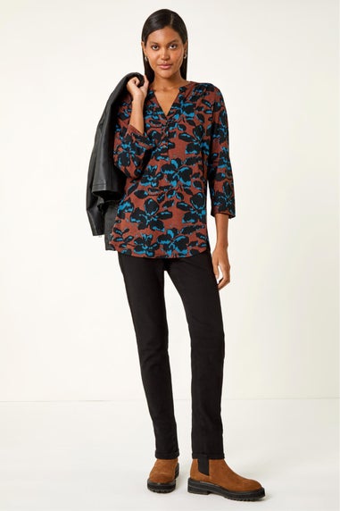 Roman Brown Floral Print V-Neck Stretch Top