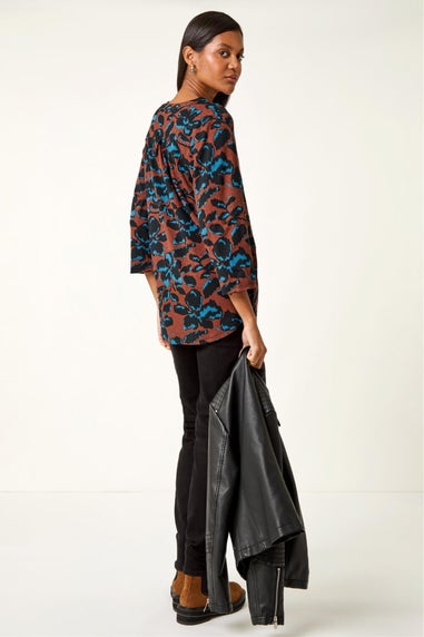 Roman Brown Floral Print V-Neck Stretch Top