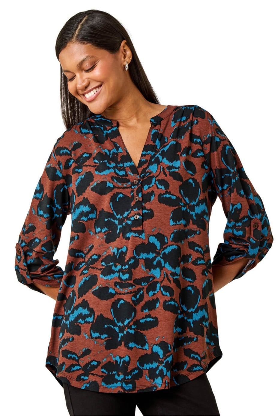 Roman Brown Floral Print V-Neck Stretch Top
