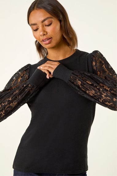 Roman Black Lace Sleeve Detail Stretch Top