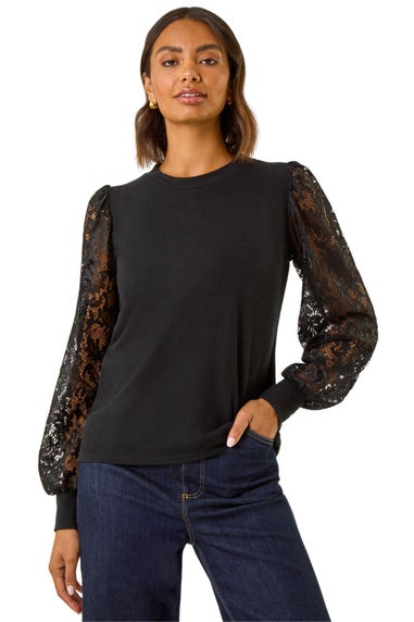 Roman Black Lace Sleeve Detail Stretch Top