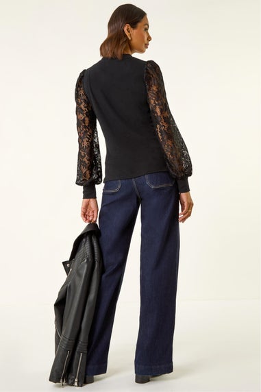 Roman Black Lace Sleeve Detail Stretch Top
