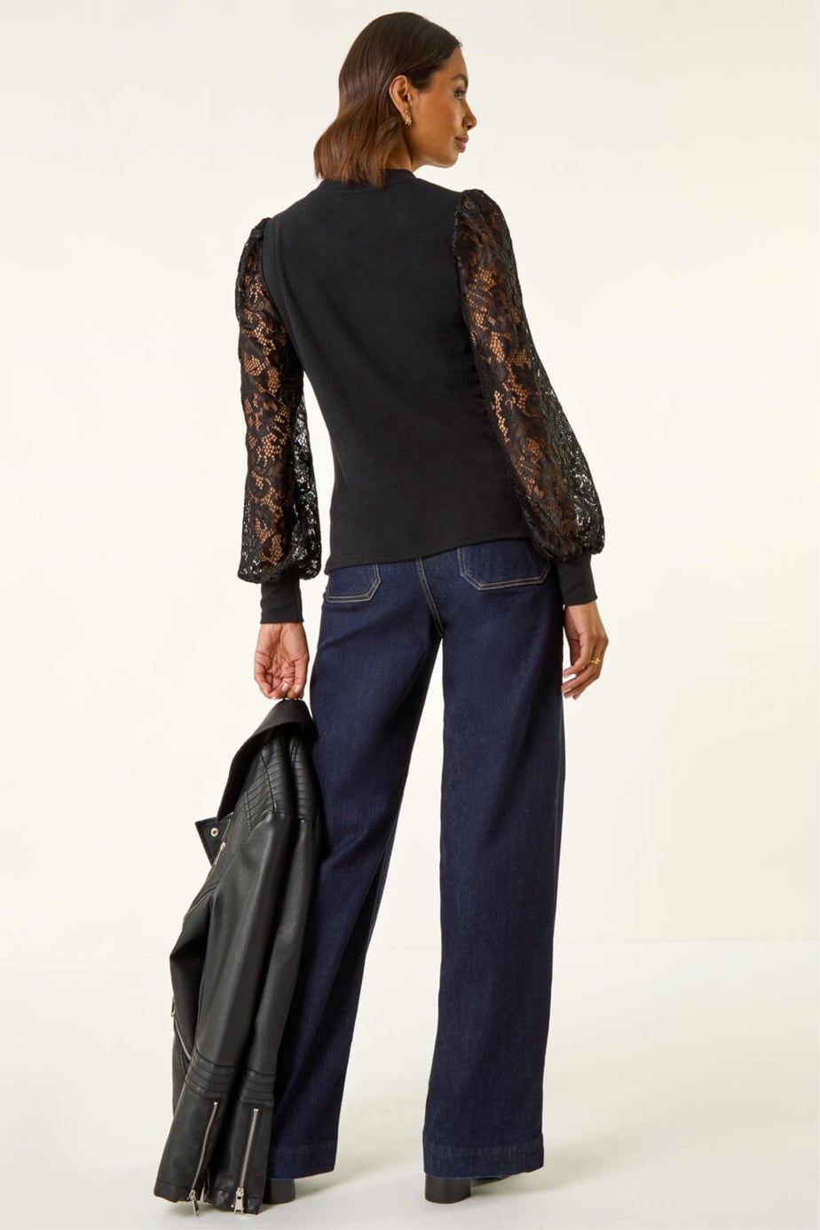 Roman Black Lace Sleeve Detail Stretch Top