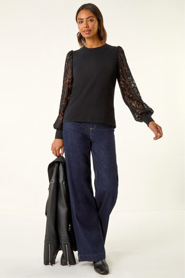 Roman Black Lace Sleeve Detail Stretch Top
