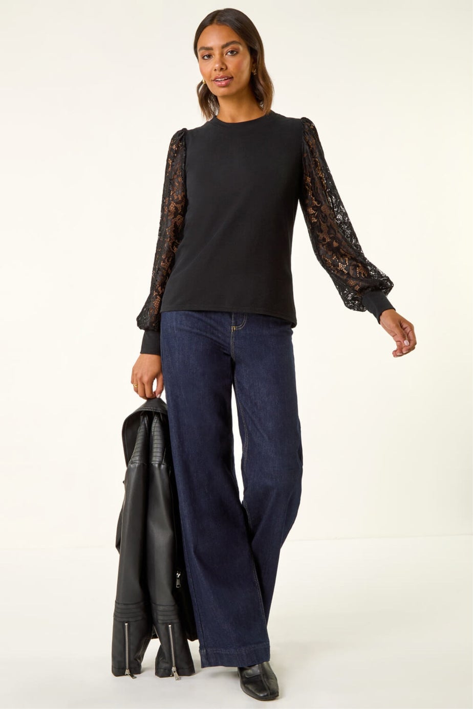 Roman Black Lace Sleeve Detail Stretch Top