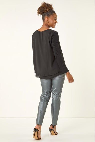 Roman Black Chiffon Overlay Necklace Top