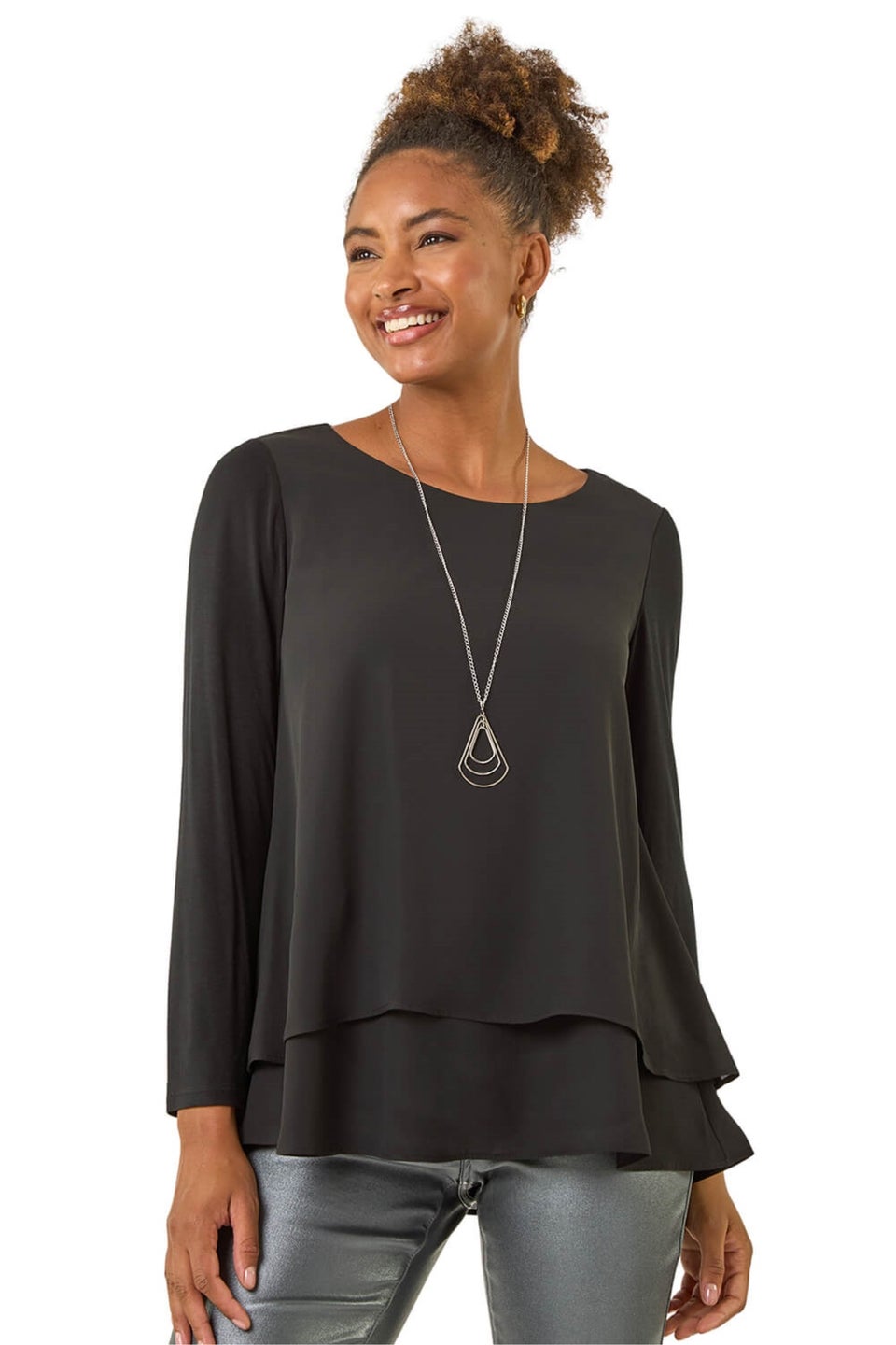 Roman Black Chiffon Overlay Necklace Top