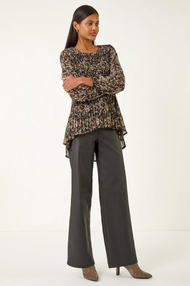 Roman Black Abstract Print Pleated Top