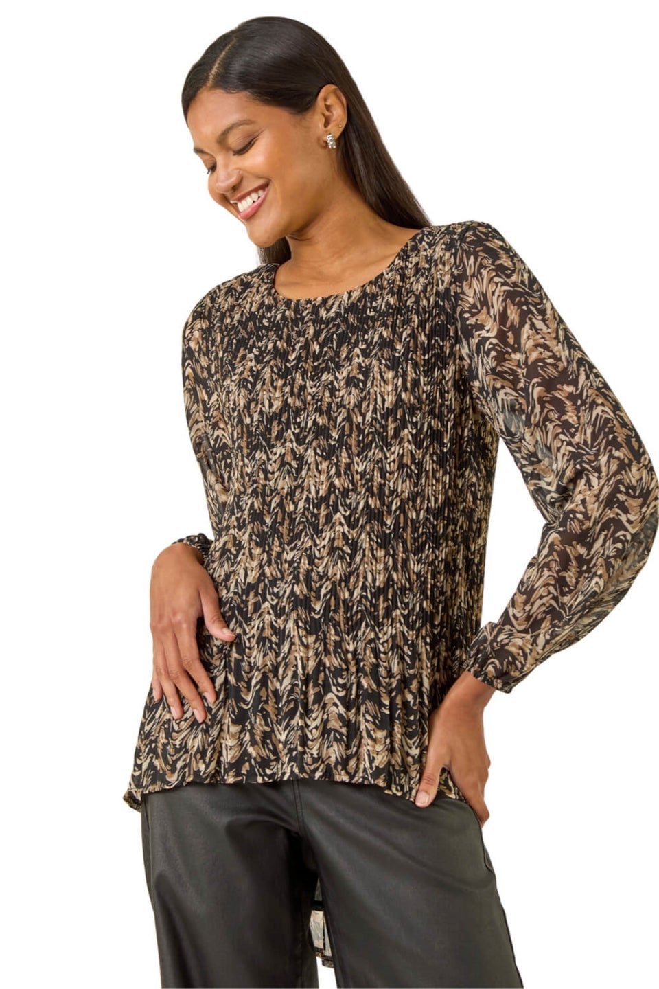 Roman Black Abstract Print Pleated Top