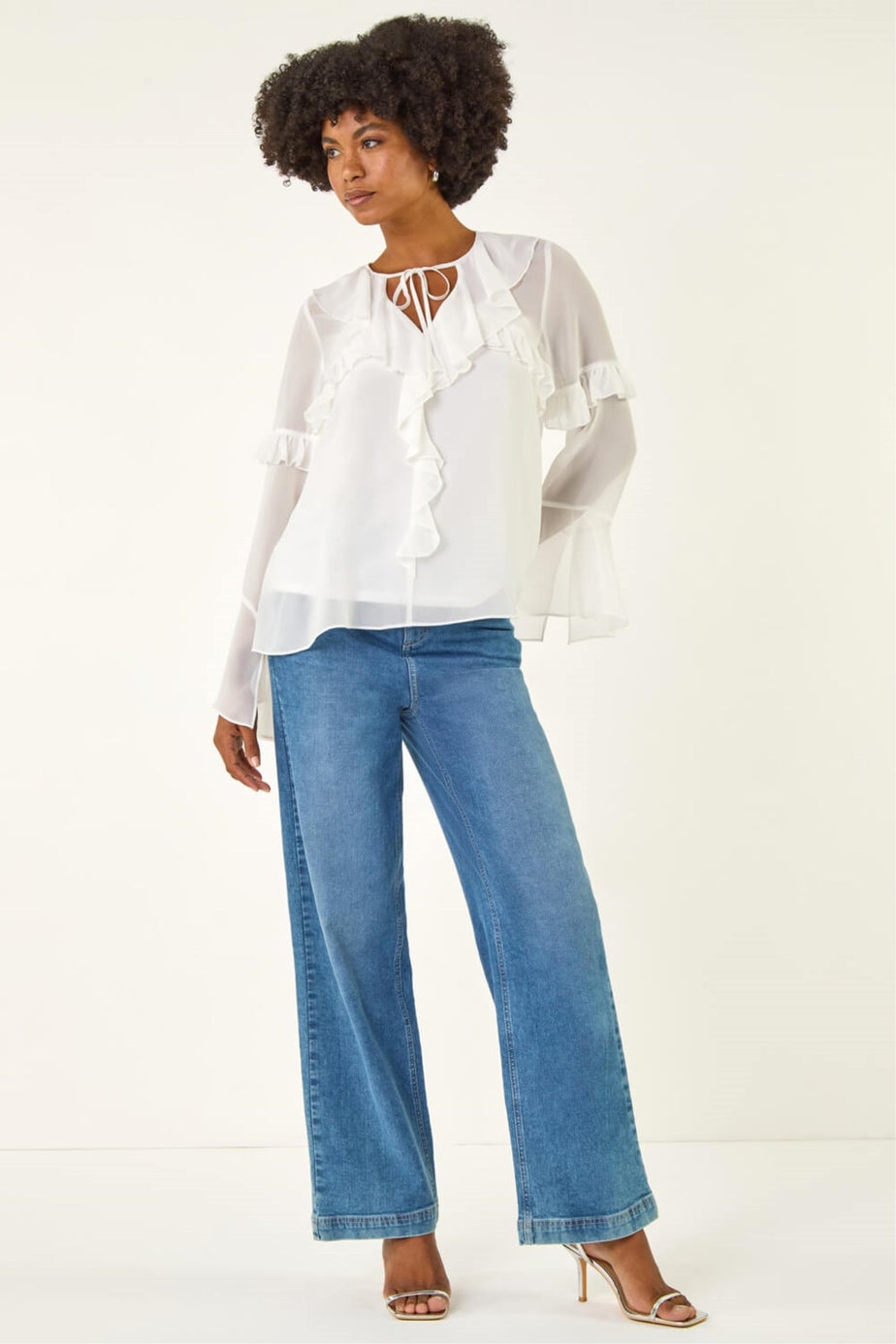 Roman Ivory Chiffon Tie Neck Ruffle Tunic Top