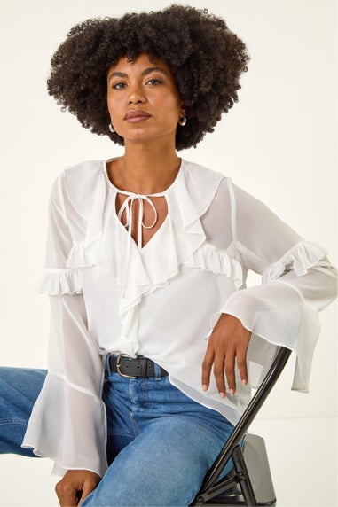 Roman Ivory Chiffon Tie Neck Ruffle Tunic Top
