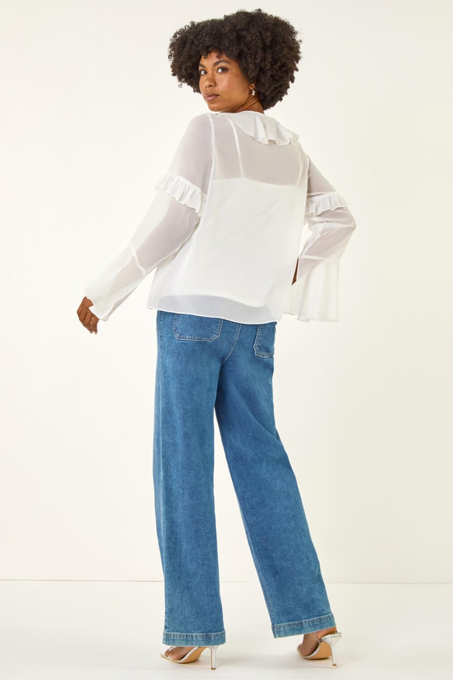 Roman Ivory Chiffon Tie Neck Ruffle Tunic Top