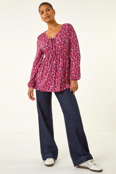 Roman Pink Floral Tie Front Stretch Top