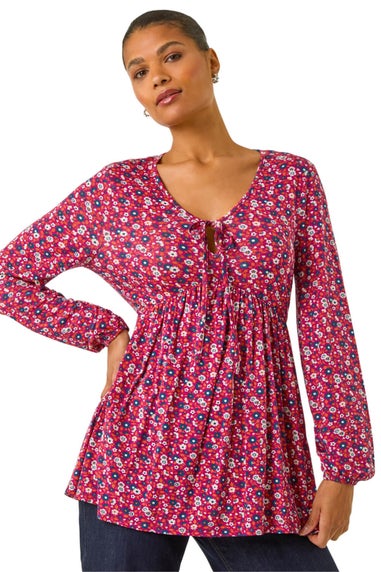 Roman Pink Floral Tie Front Stretch Top