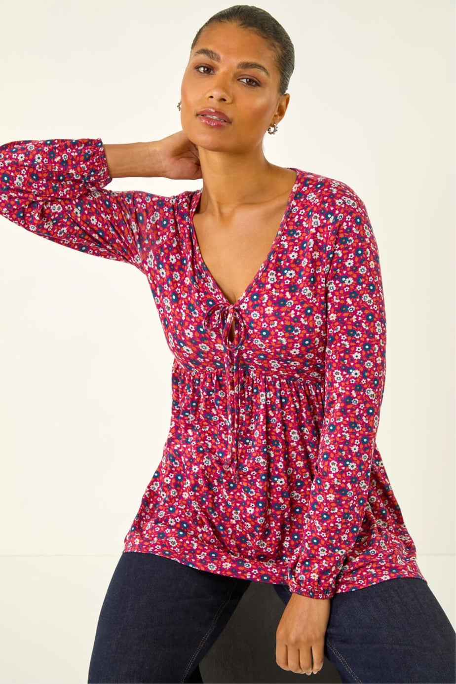 Roman Pink Floral Tie Front Stretch Top