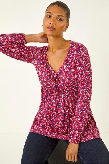Roman Pink Floral Tie Front Stretch Top