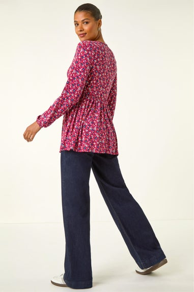 Roman Pink Floral Tie Front Stretch Top