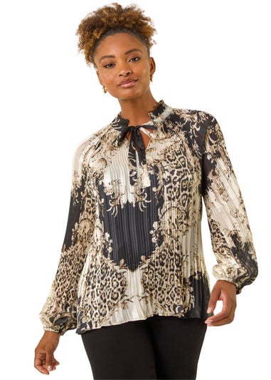 Roman Black Animal Print Tie Neck Pleated Top
