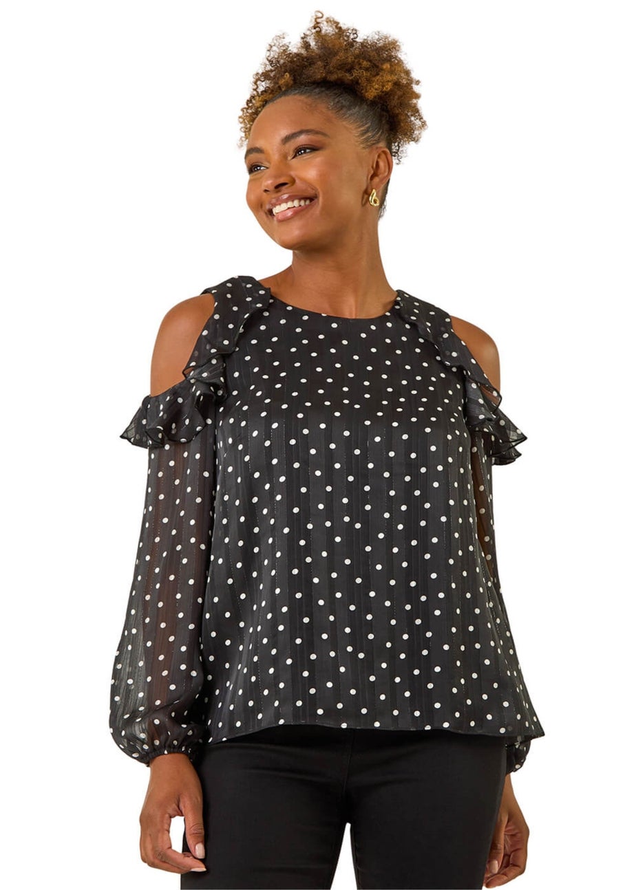 Roman Black Spot Print Frill Cold Shoulder Top