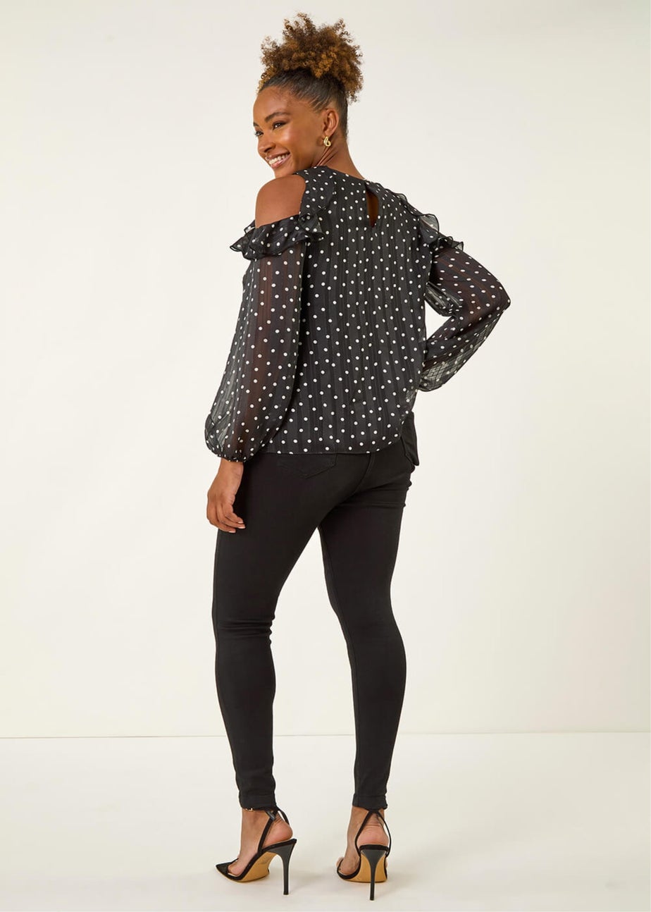 Roman Black Spot Print Frill Cold Shoulder Top