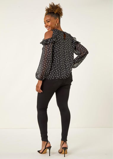 Roman Black Spot Print Frill Cold Shoulder Top