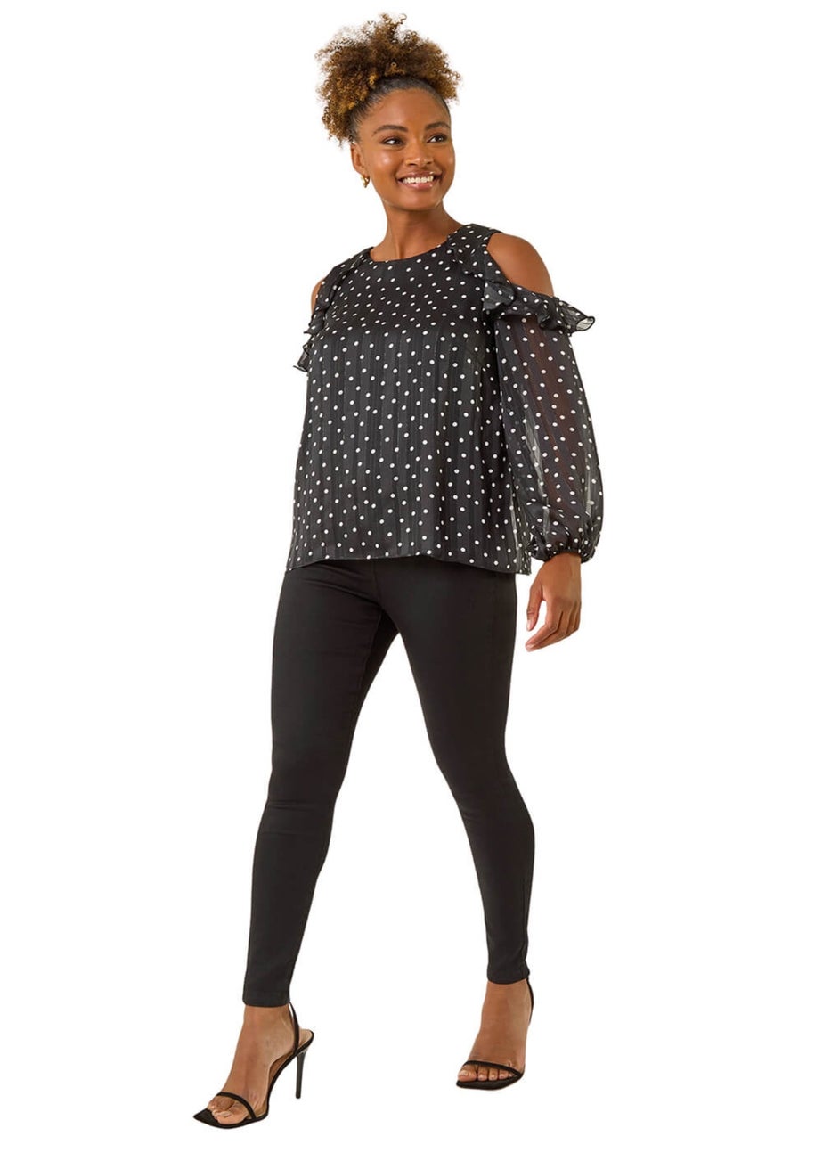 Roman Black Spot Print Frill Cold Shoulder Top