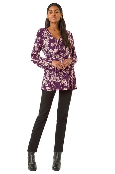 Roman Purple Floral Print Tie Front Stretch Top