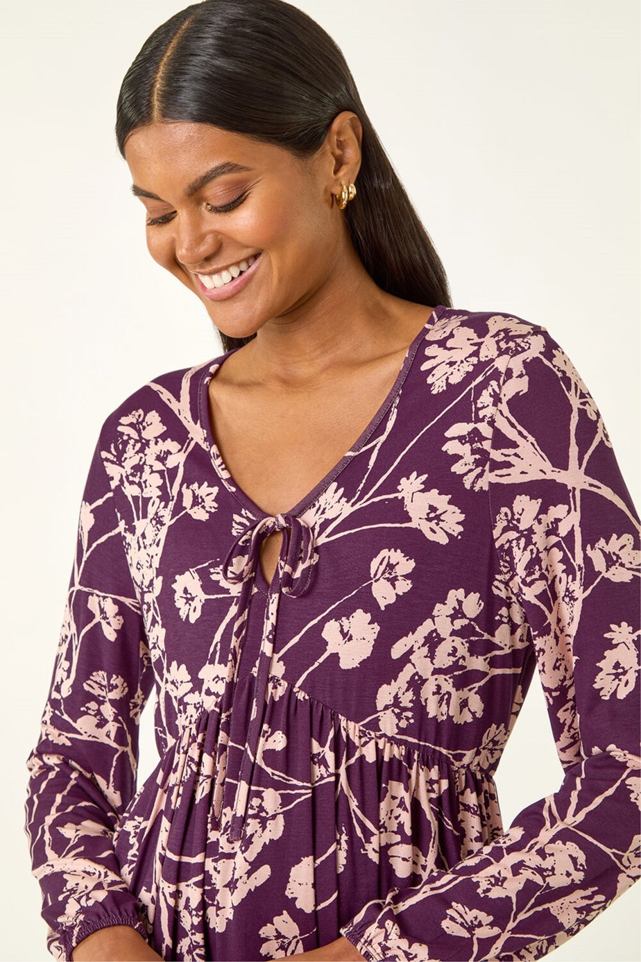 Roman Purple Floral Print Tie Front Stretch Top