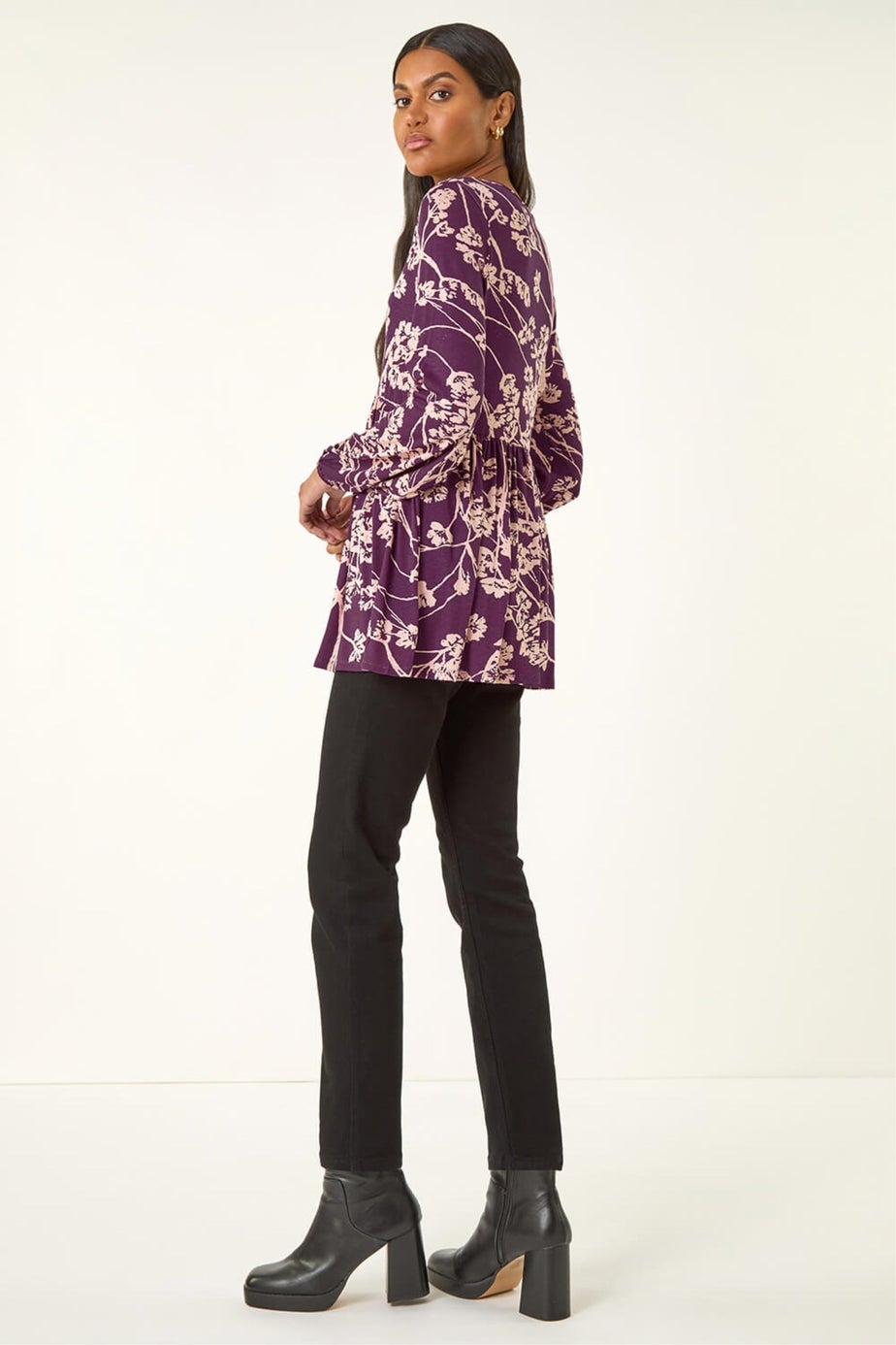 Roman Purple Floral Print Tie Front Stretch Top