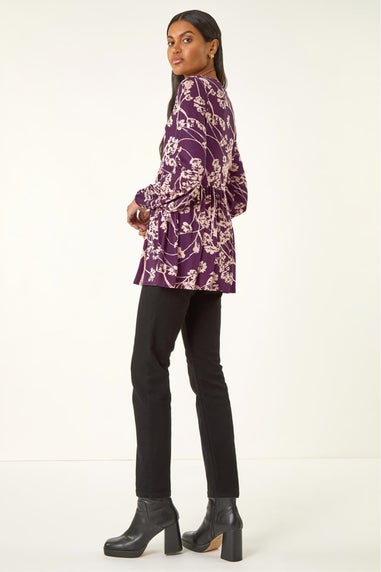 Roman Purple Floral Print Tie Front Stretch Top