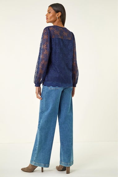 Roman Navy Lace Jersey Stretch Top