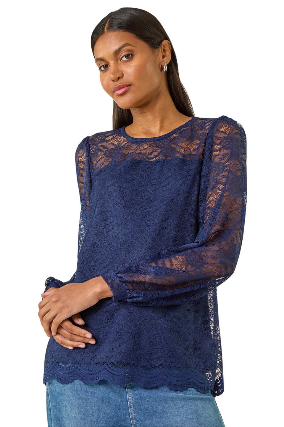 Roman Navy Lace Jersey Stretch Top