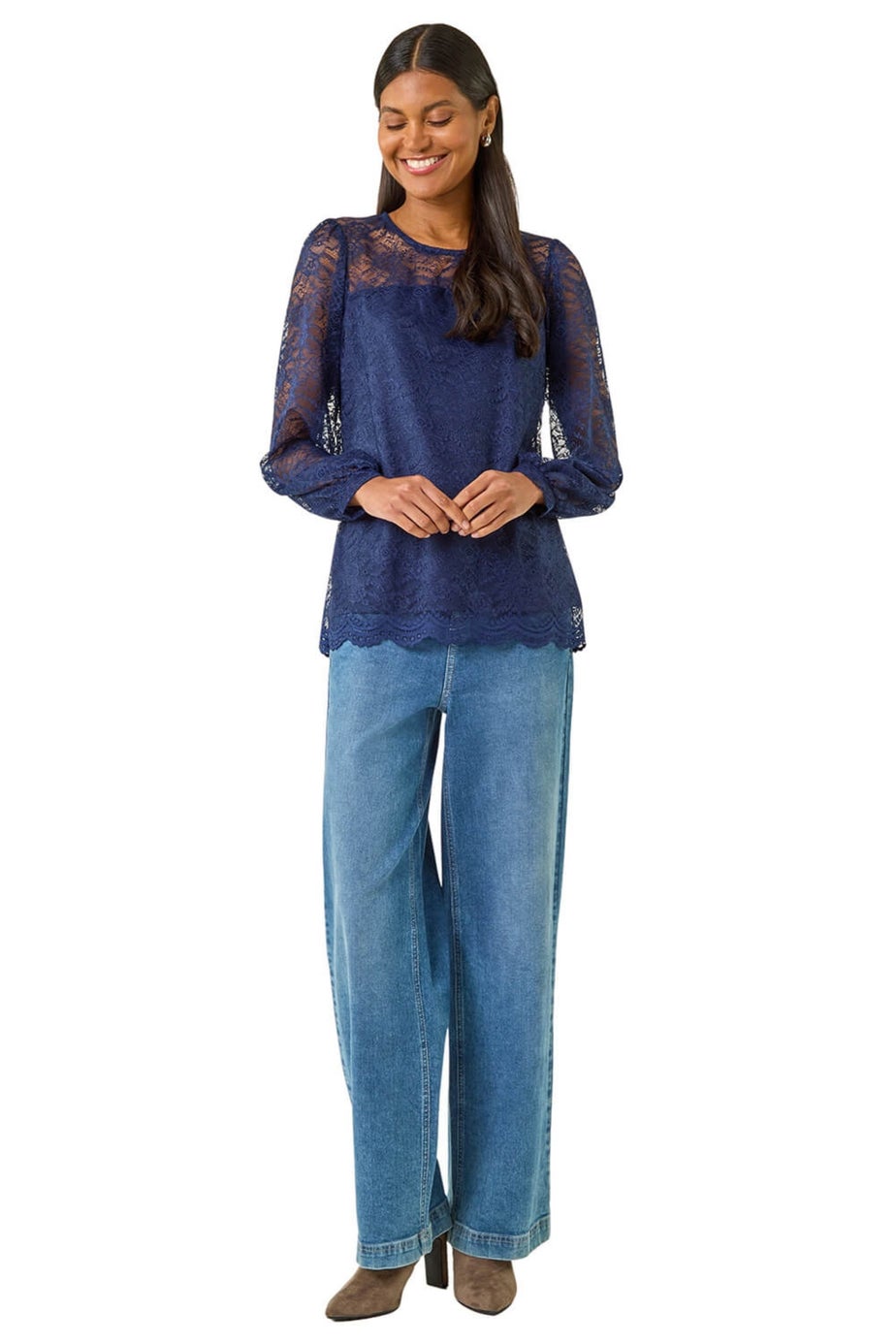 Roman Navy Lace Jersey Stretch Top