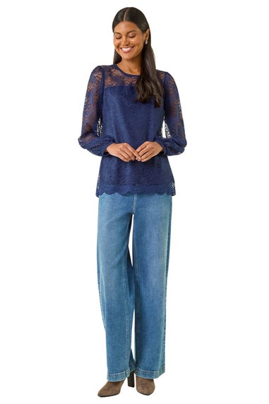 Roman Navy Lace Jersey Stretch Top