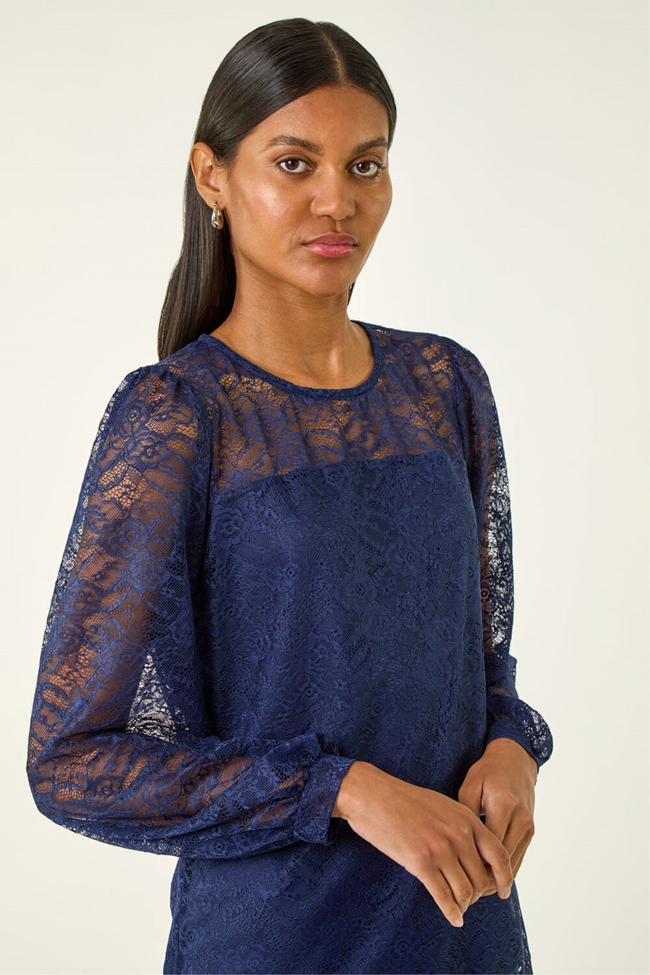 Roman Navy Lace Jersey Stretch Top