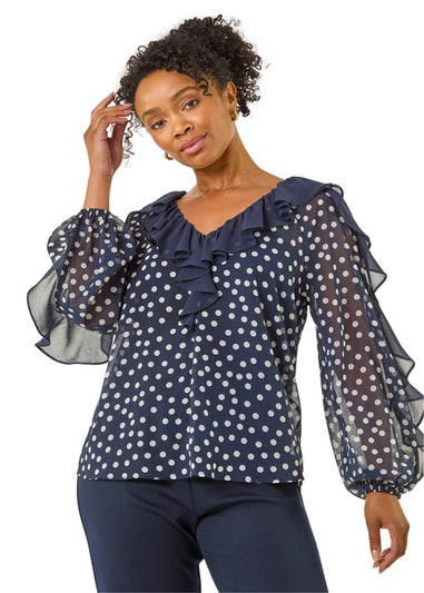 Roman Navy Petite Spot Print Frill Top