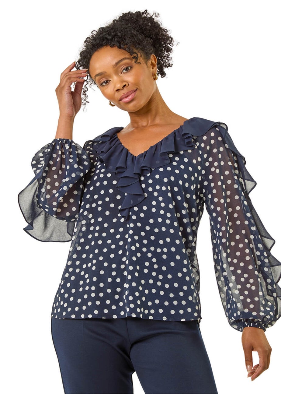 Roman Navy Petite Spot Print Frill Top