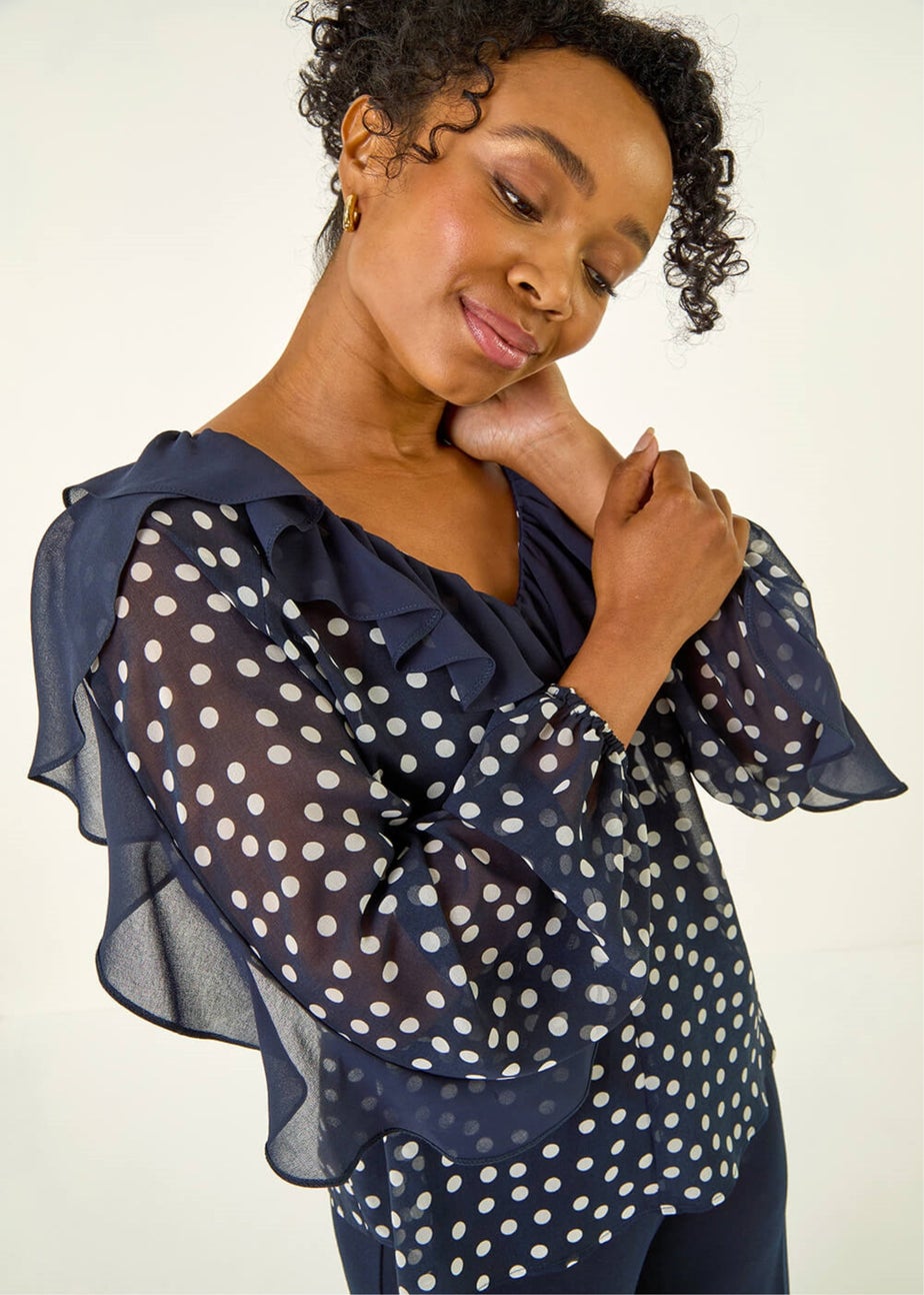 Roman Navy Petite Spot Print Frill Top