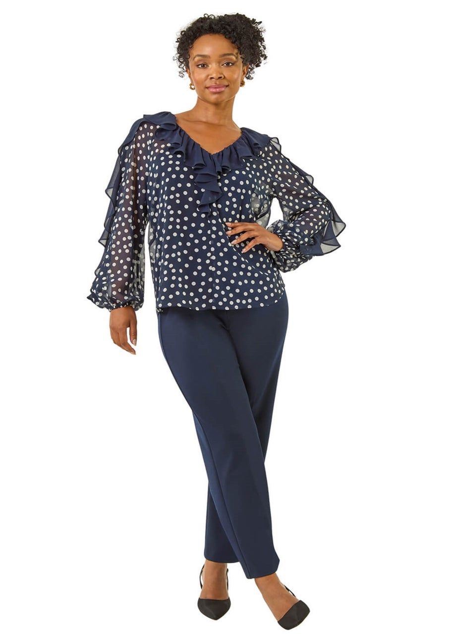Roman Navy Petite Spot Print Frill Top