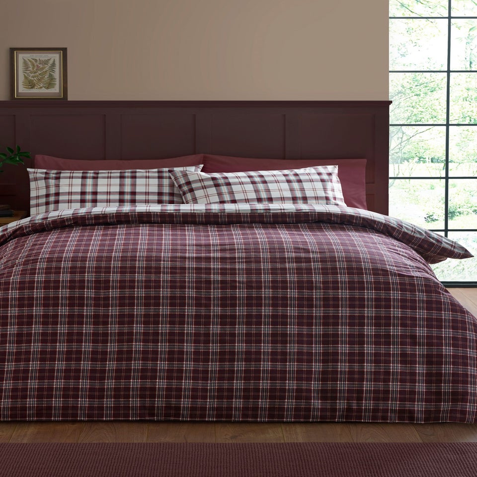 Catherine Lansfield Kelso Check Reversible Duvet Cover Set Plum