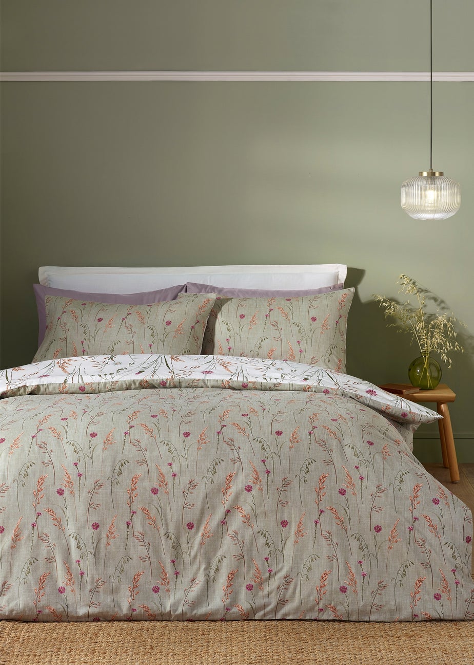 Catherine Lansfield Brushed Grasmere Floral Cotton Reversible Duvet Cover Set Green