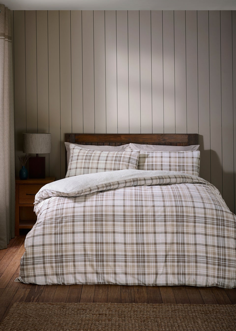 Catherine Lansfield Cosy Sherpa Check Duvet Cover Set Natural